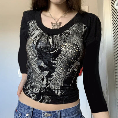 Graphics Print Y2K Retro T Shirt Indie Aesthetics Mall Goth Sweats Tees Autumn Spring Long Sleeve Crop Tops 90s Vintage Grunge