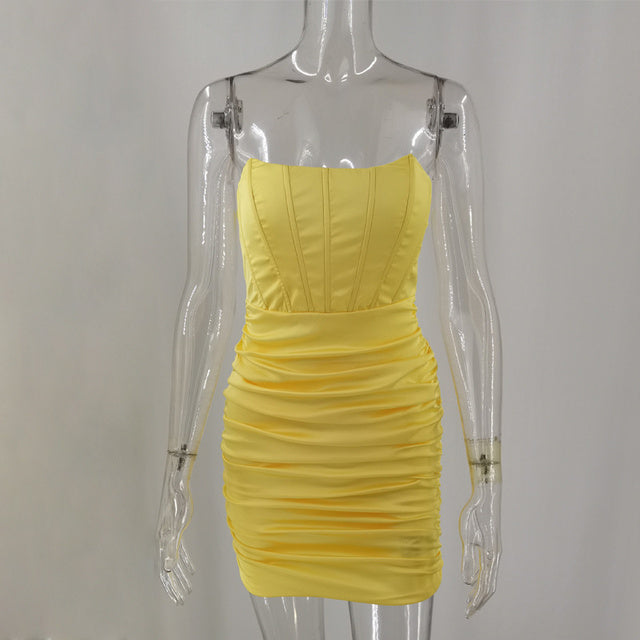 Satin Strapless Ruched Dress For Women Summer Off-shoulder Sleeveless Bodycon Party Clubwear Mini Dresses Vestidos