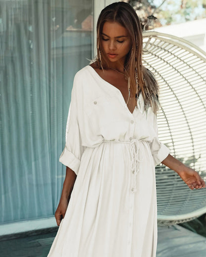 DressBetty - Sexy Button Pockets Front Open Self Belted High Waist Summer Dress