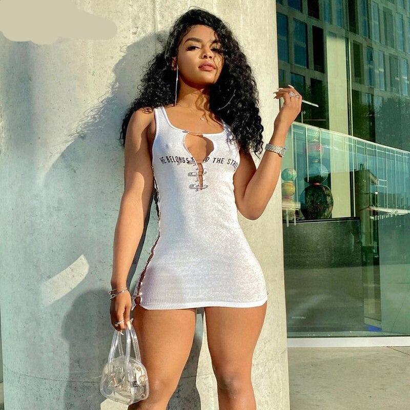 Voguable Sleeveless  Mini Dress Patchwork  With Corset Patchwork Zipper Bodycon Streetwear Casual Y2K