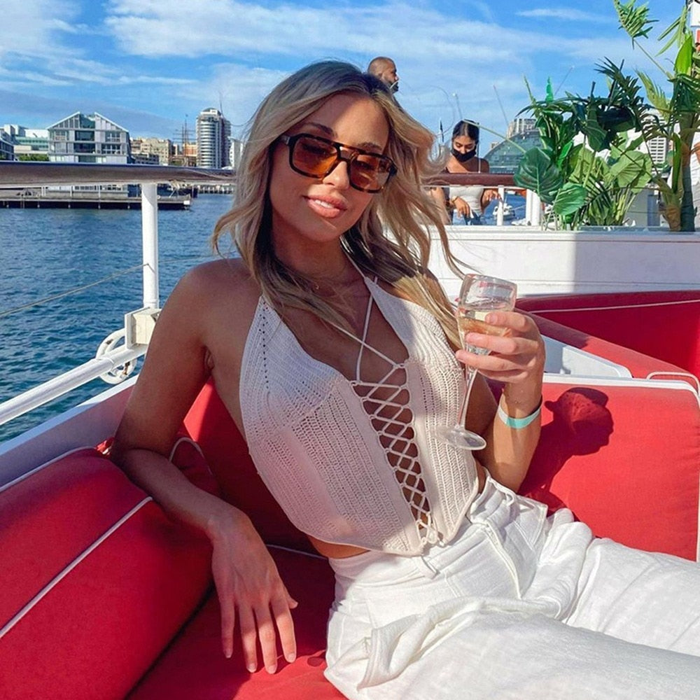 Knitted Sleeveless Lace Up Bandage Halter Tops Outfits Club Party Y2k  Tank Top Halter Backless Hollow Out Crop Top Summer2