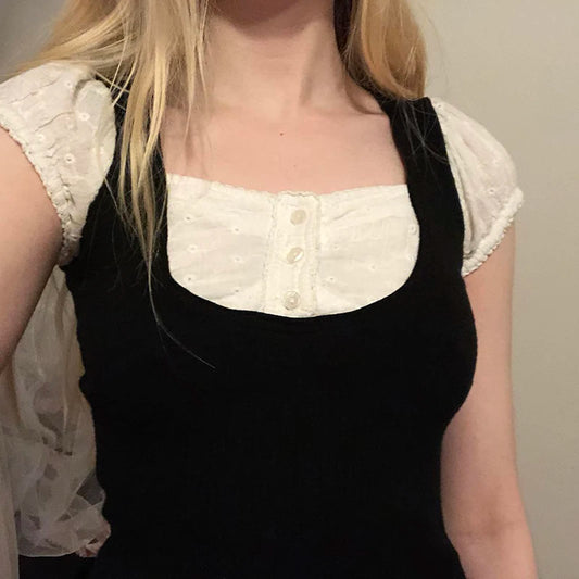 y2k Patchwork T-shirt Women Vintage Fairy Grunge Kawaii Botton Short Sleeve Tees Preppy Style Harajuku Korean Fashion T-shirt