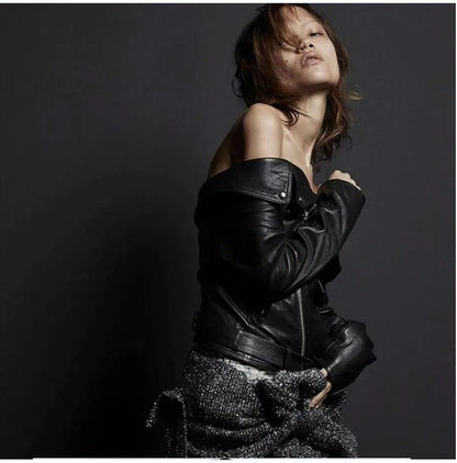 Off-Shoulder PU Leather Jacket