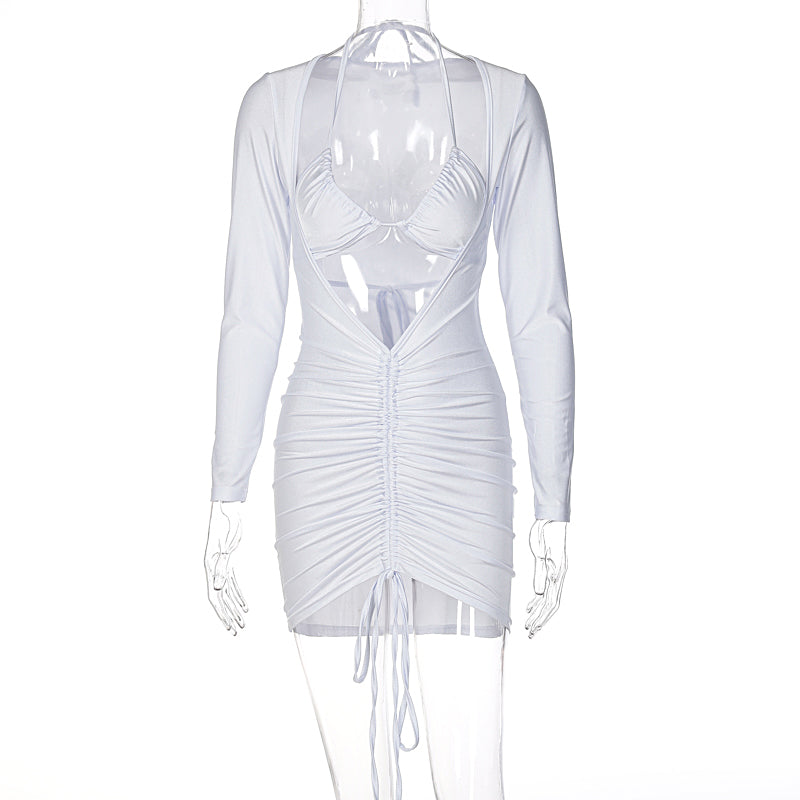 Voguable Long Sleeve Bandage Hollow Out Ruched Bodycon Mini Dress  Winter Y2K Slim Streetwear Elegant
