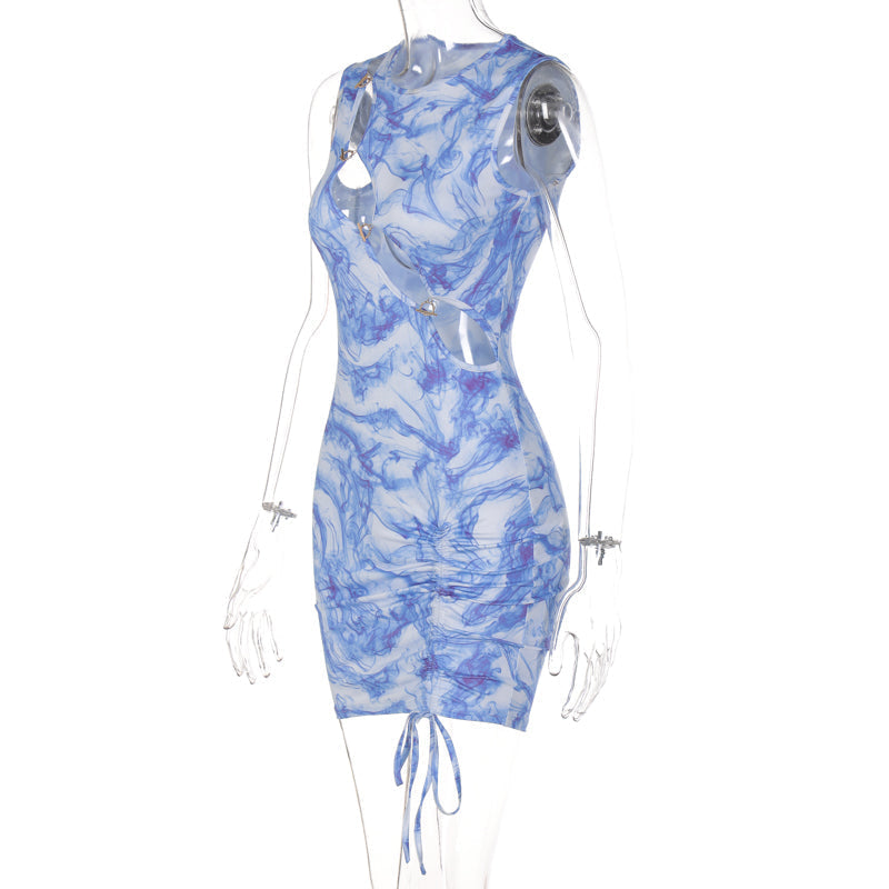 Voguable  Bandage Drawstrings Sleeveless Hollow Out Ruched Solid Bodycon Mini Dress  Streetwear Y2K Party Club