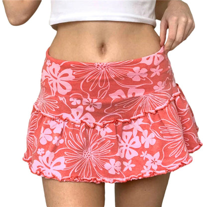 Women’s A-Line Mini Skirt 90S High Waist Floral Print Frill Trim Above Knee Short Skirt Y2k Style Skirts Streetwear