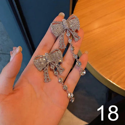 Korean Dangle Drop Earrings Black Tulle Yarn Rhinestone Bow Knot Kawaii Fashion Jewelry for Women Fall Winter