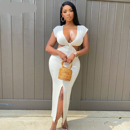 Voguable Sleeveless Backless Hollow Up Long Dress Streetwear Outfits Solid Club Clothing Y2K
