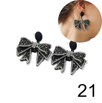 Korean Dangle Drop Earrings Black Tulle Yarn Rhinestone Bow Knot Kawaii Fashion Jewelry for Women Fall Winter