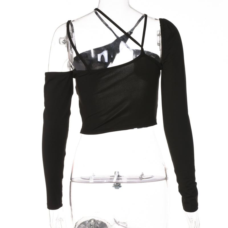 Voguable Pure Halter Single Shoulder Long Sleeve Bandage Drawstring Crop Top Fall Streetwear Outfit Y2K Party
