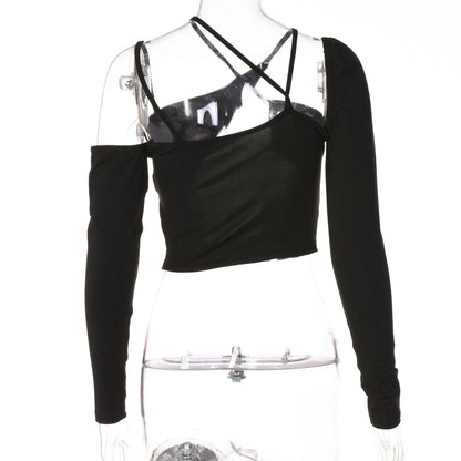 Voguable Pure Halter Single Shoulder Long Sleeve Bandage Drawstring Crop Top Fall Streetwear Outfit Y2K Party