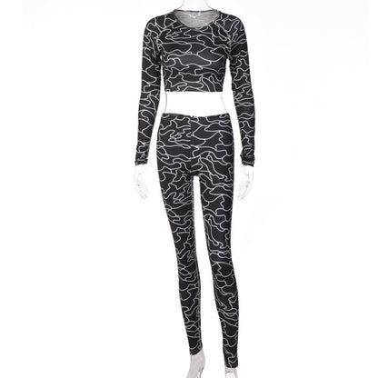 Voguable Print Long Sleeves Slim Navel Top Leggings Set Bodycon Party Elegant Club Y2K Robe Beach