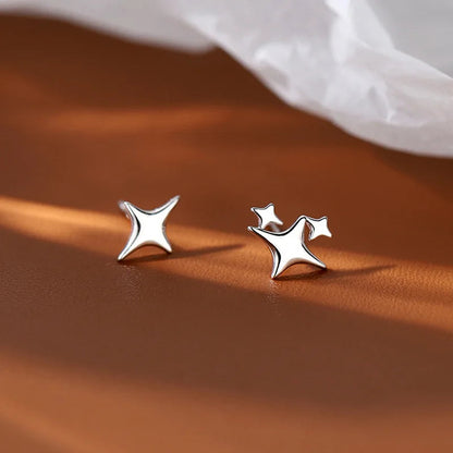 Asymmetric Four-pointed Star Earrings for Women Silver Fairy Stud Jewelry