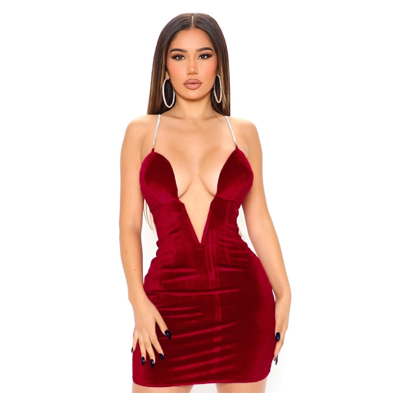 Voguable  Velvet Sleeveless Deep V Neck Metal Slip Mini Dress  Evening Party Elegant Streetwear Y2K