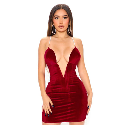 Voguable  Velvet Sleeveless Deep V Neck Metal Slip Mini Dress  Evening Party Elegant Streetwear Y2K