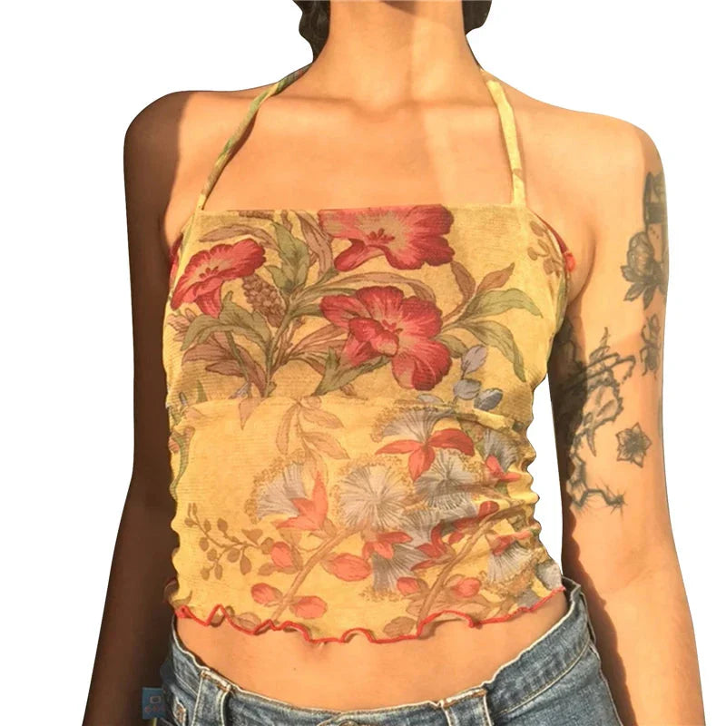 y2k Tops for Sheer Floral Print Slim Fit Spaghetti Strap Sleeveless Mesh Halter Vest 2000s Clothes Streetwear