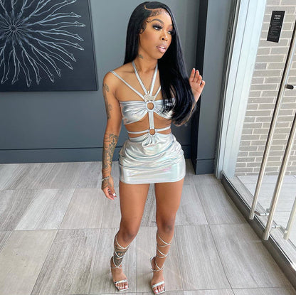 Voguable  Solid Sleeveless Bodycon Halter Hollow Out Mini Dress  Streetwear Outfits Y2K