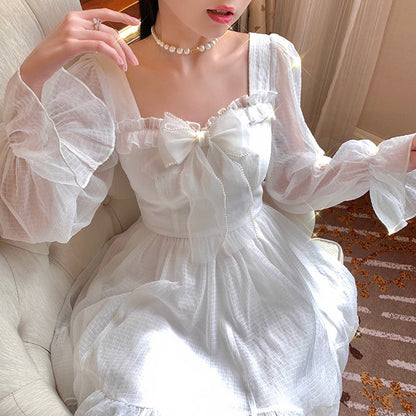 French Sweet Fairy Lolita Dress Long Sleeve Lace Y2k Mini Dress Vintage Kawaii Clothes One Piece Dress Korean spring