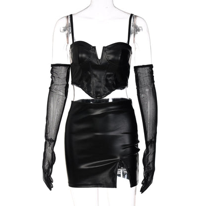 Hugcitar Pu Leather Slip With Detachable Sleeve Backless Crop Top Mini Dress 2 Pieces Set Fall Winter Party Y2K