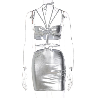 Voguable  Solid Sleeveless Bodycon Halter Hollow Out Mini Dress  Streetwear Outfits Y2K