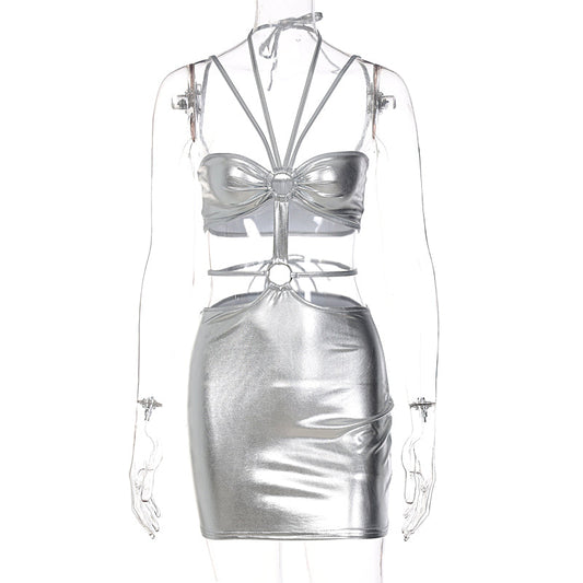Voguable  Solid Sleeveless Bodycon Halter Hollow Out Mini Dress  Streetwear Outfits Y2K