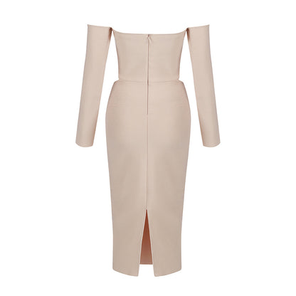Off Shoulder Long Sleeve Cut Out Midi Bandage Dress HB7766