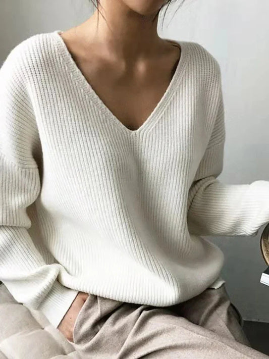 FashionSierra - V-Neck Pullovers Knitted Long Sleeve Fleece Jumpers Soft Warm Casual Winter Sweater