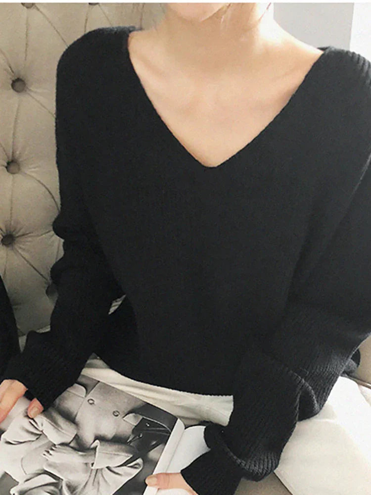 FashionSierra - V-Neck Pullovers Knitted Long Sleeve Fleece Jumpers Soft Warm Casual Winter Sweater