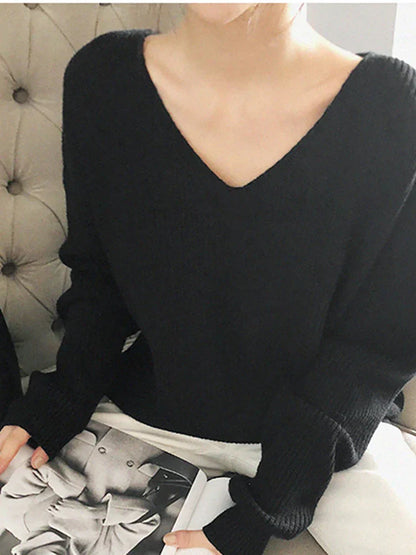 FashionSierra - V-Neck Pullovers Knitted Long Sleeve Fleece Jumpers Soft Warm Casual Winter Sweater