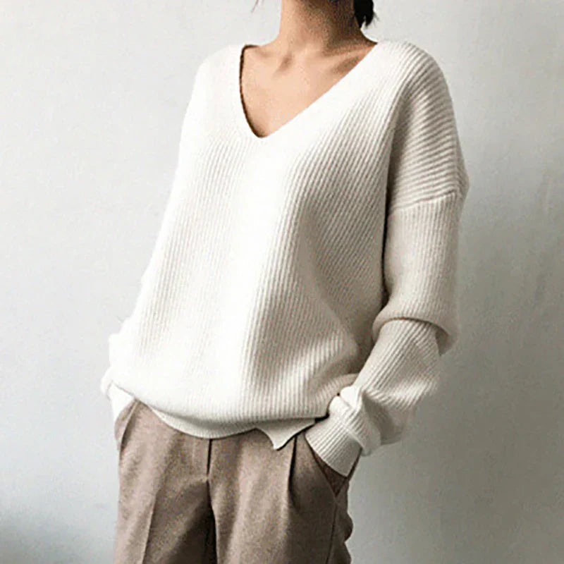 FashionSierra - V-Neck Pullovers Knitted Long Sleeve Fleece Jumpers Soft Warm Casual Winter Sweater