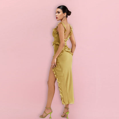 Strappy Sleeveless Maxi Frill Bodycon Dress HI1328