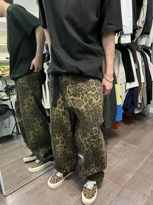 Retro Leopard Baggy Women Vintage Grunge Wide Leg Denim Pant