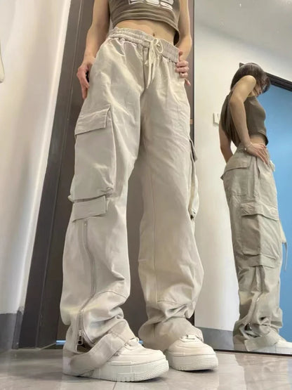 Y2K Retro Beige Cargo Vintage Streetwear Pockets Wide Leg Fashion Pant