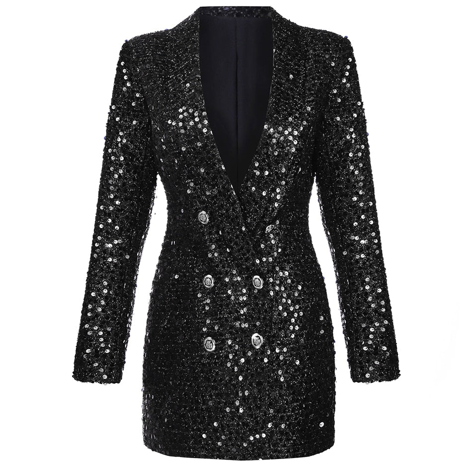 Women's Elegant Sequined Black Blazer Dress with Buttons | Ideal for All Seasons