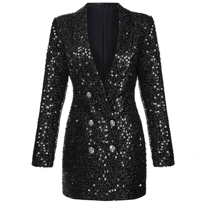 Women's Elegant Sequined Black Blazer Dress with Buttons | Ideal for All Seasons
