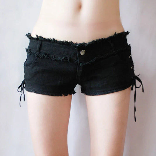 Low-Rise Tassel Denim Shorts