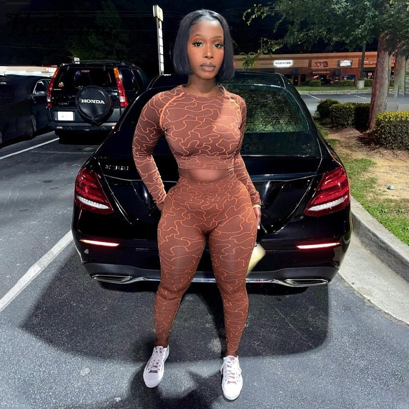 Voguable Print Long Sleeves Slim Navel Top Leggings Set Bodycon Party Elegant Club Y2K Robe Beach