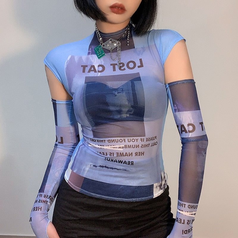 Y2K Slim Bodycon Tops Printing T-Shirt Long Oversleeve Party Club Outfit Casual Streetwear