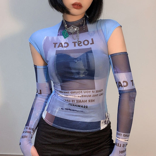 Y2K Slim Bodycon Tops Printing T-Shirt Long Oversleeve Party Club Outfit Casual Streetwear