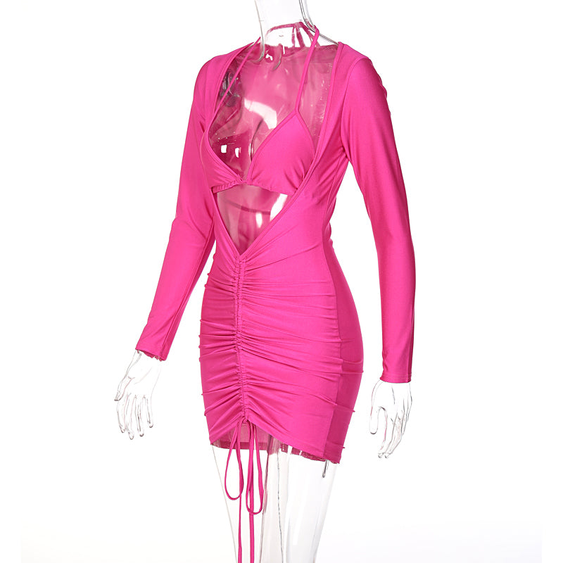Voguable Long Sleeve Bandage Hollow Out Ruched Bodycon Mini Dress  Winter Y2K Slim Streetwear Elegant