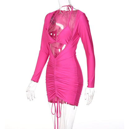 Voguable Long Sleeve Bandage Hollow Out Ruched Bodycon Mini Dress  Winter Y2K Slim Streetwear Elegant