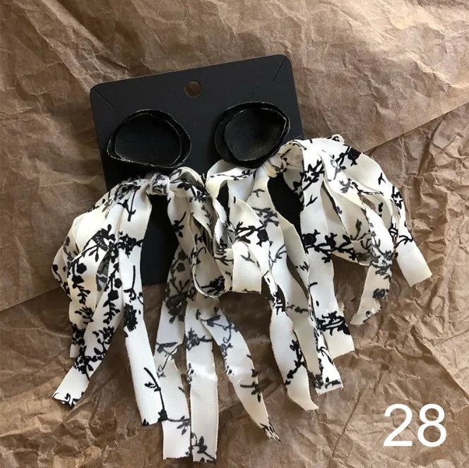 Korean Dangle Drop Earrings Black Tulle Yarn Rhinestone Bow Knot Kawaii Fashion Jewelry for Women Fall Winter