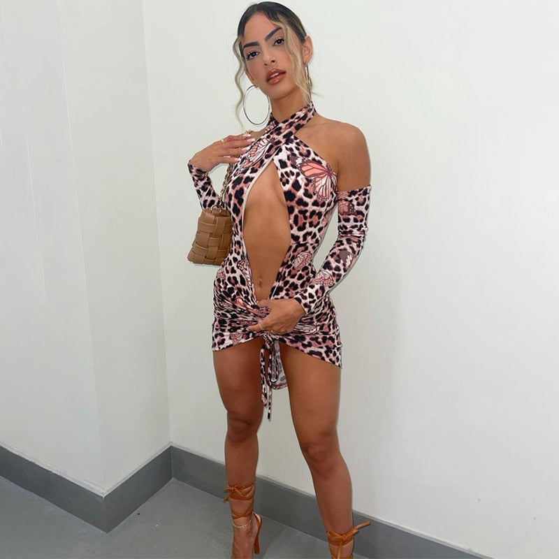 Voguable outfits  Long Removable Sleeves Backless Butterfly Print Hollow Out Dress Fall Streetwear Y2K