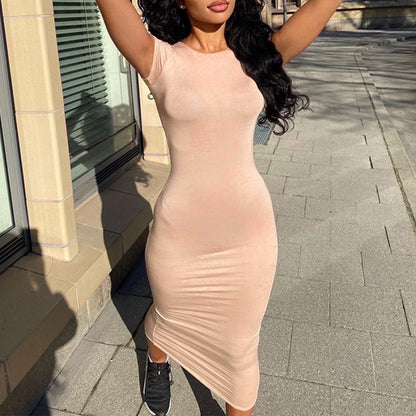 Voguable  Short Sleeve O-Neck Solid Bodycon Dress Streetwear Y2K Party Casual Club