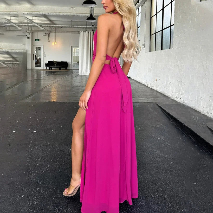 Halterneck V-neck Sexy Backless Women Dresses Elegant Party Fashion High Waist Slit Sleeveless Long Dress Lace-up Evening Dress