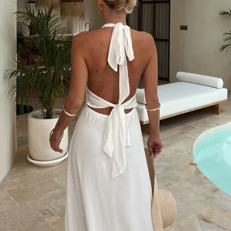 Halterneck V-neck Sexy Backless Women Dresses Elegant Party Fashion High Waist Slit Sleeveless Long Dress Lace-up Evening Dress