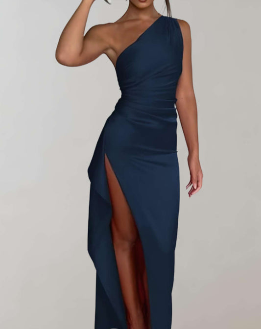 Women's One Shoulder Waist Cinched Party Dress with Slit | Ideal for Spring/Summer