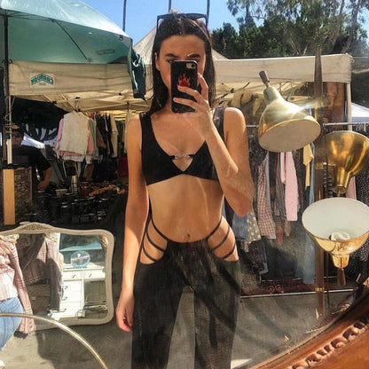 Voguable  Solid Straps Tanks Hollow Out Tank Crop Top Pants 2 Pieces Set Streetwear Party Club Outfits Y2K