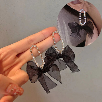 Korean Dangle Drop Earrings Black Tulle Yarn Rhinestone Bow Knot Kawaii Fashion Jewelry for Women Fall Winter