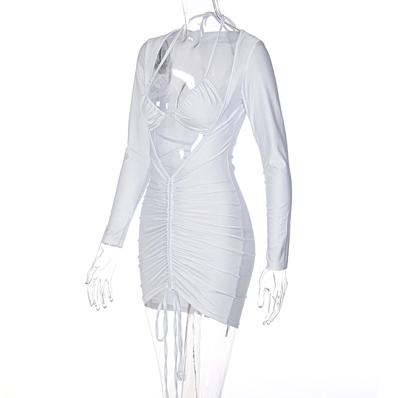 Voguable Long Sleeve Bandage Hollow Out Ruched Bodycon Mini Dress  Winter Y2K Slim Streetwear Elegant